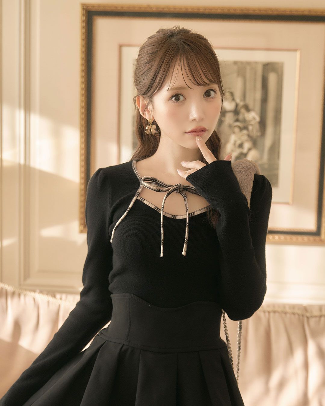 オリジナルチェック柄パイピングリボントップス ブラック