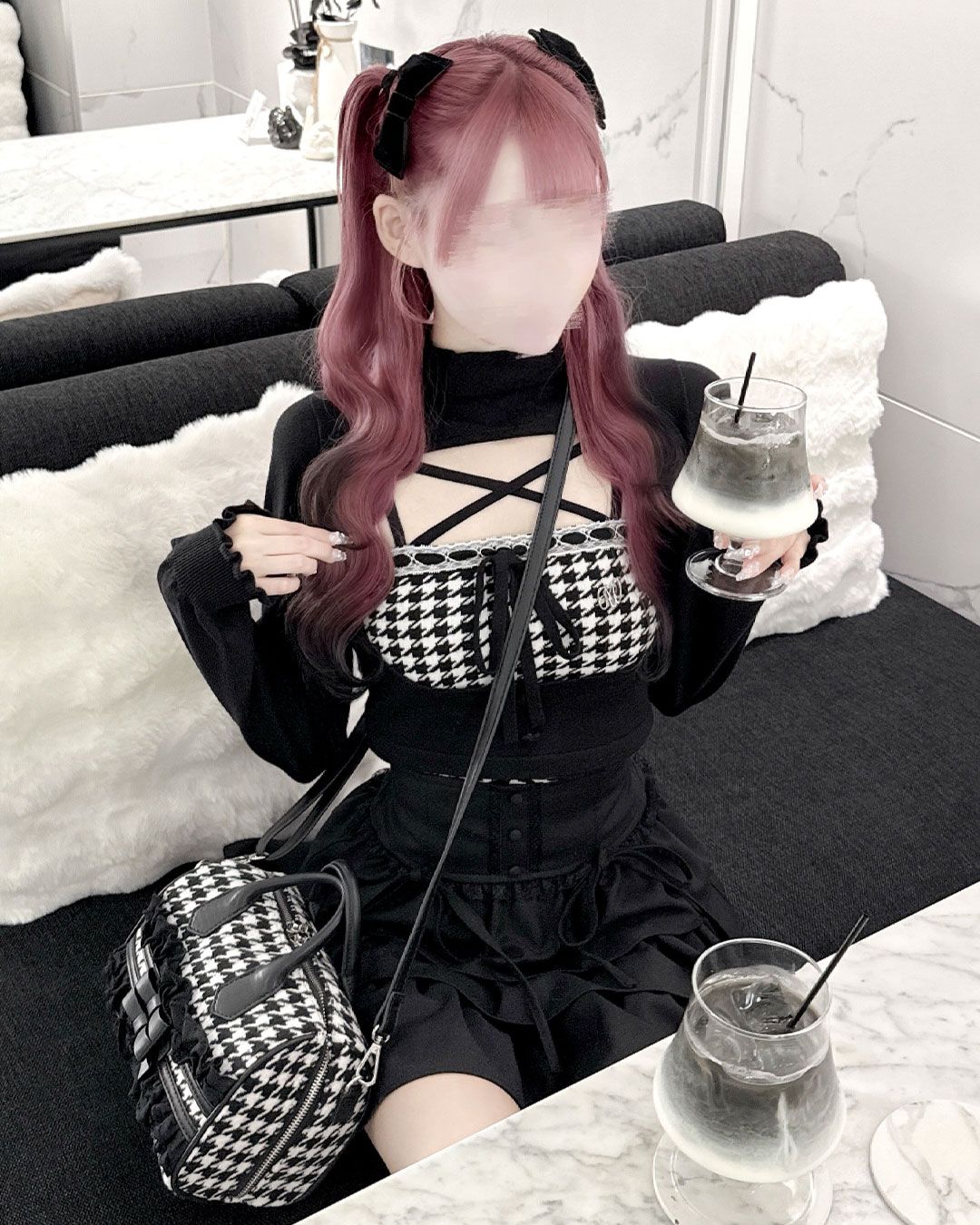 千鳥柄ハイネックアンサンブルトップス ピンク | ファッション