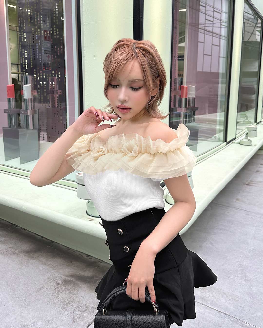 チュールニットトップス