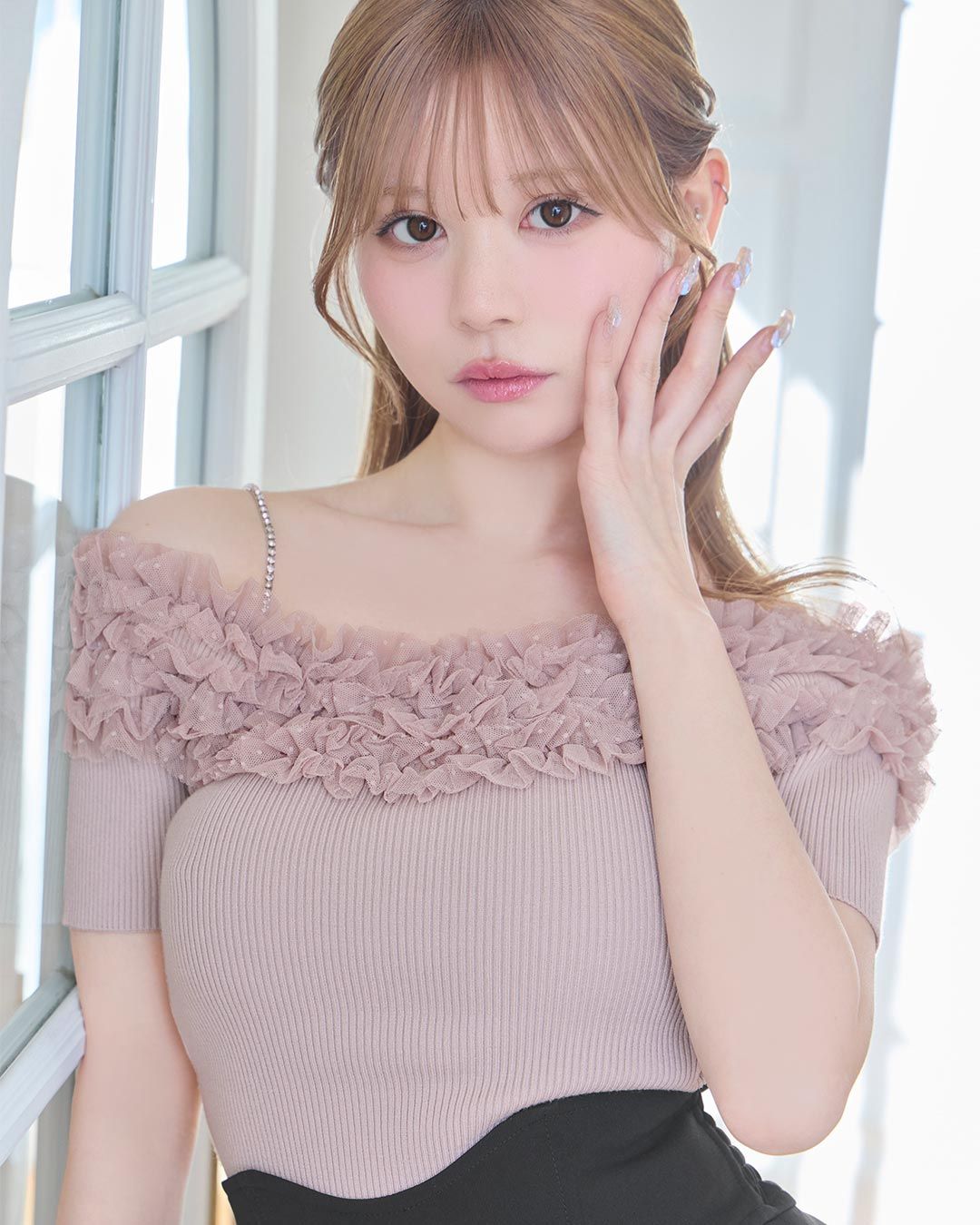 チュールオフショルトップス くすみピンク | ファッション通販