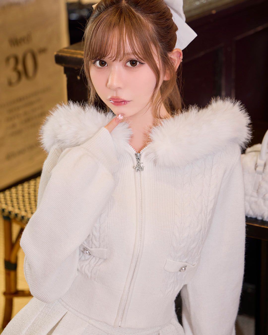 ファーフードケーブルニットジップトップス ファーフードケーブルニットジップトップス グレー | ファッション通販