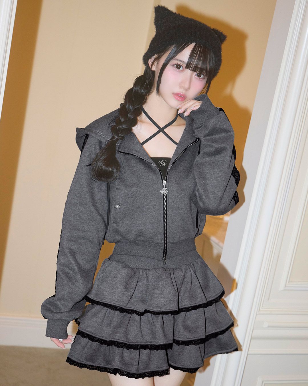 michelMacaron レースティアードセットアップ チャコールグレー レースティアードセットアップ3点セット チャコールグレー