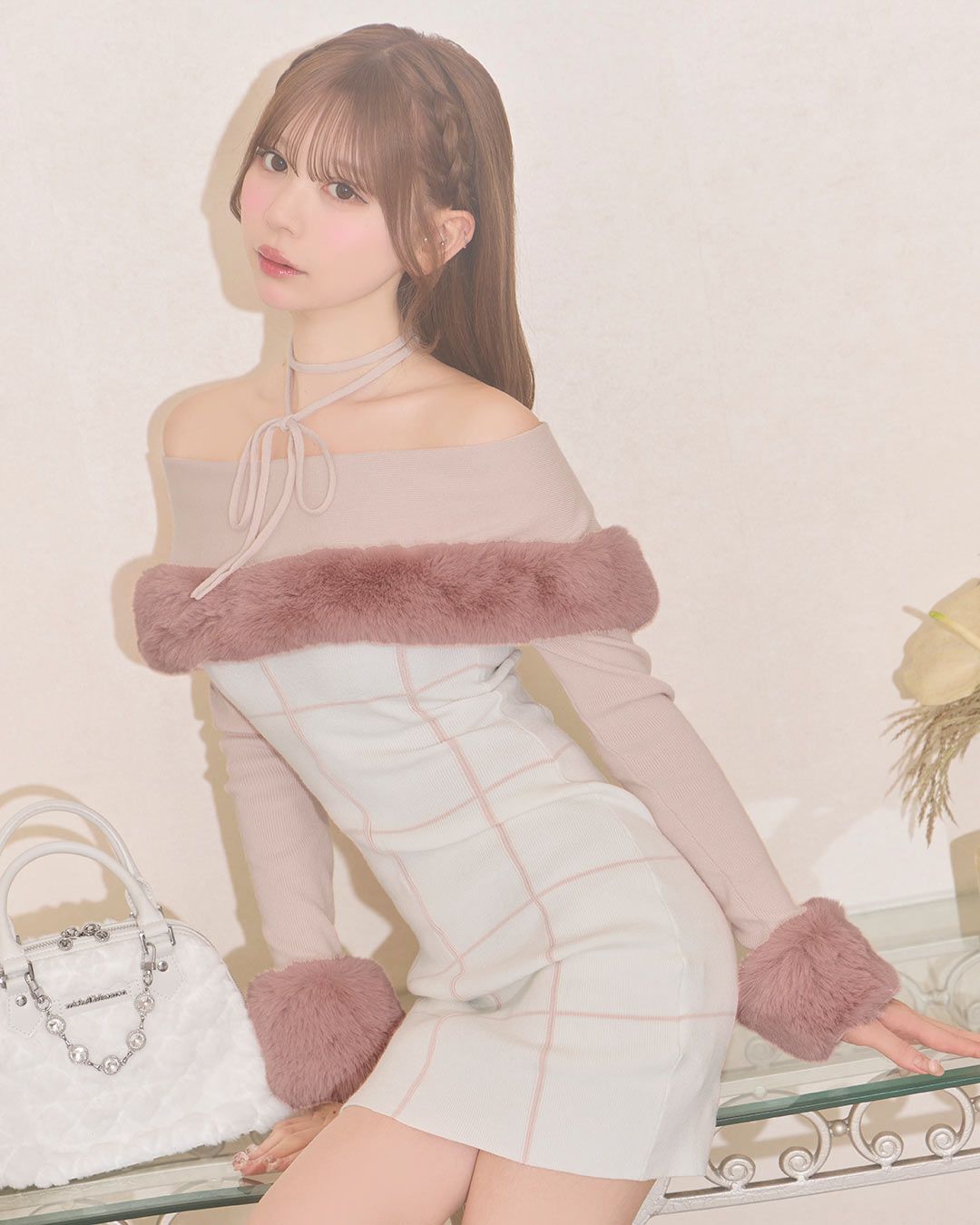 フェザーオフショルチェックワンピース ブラック | ファッション通販