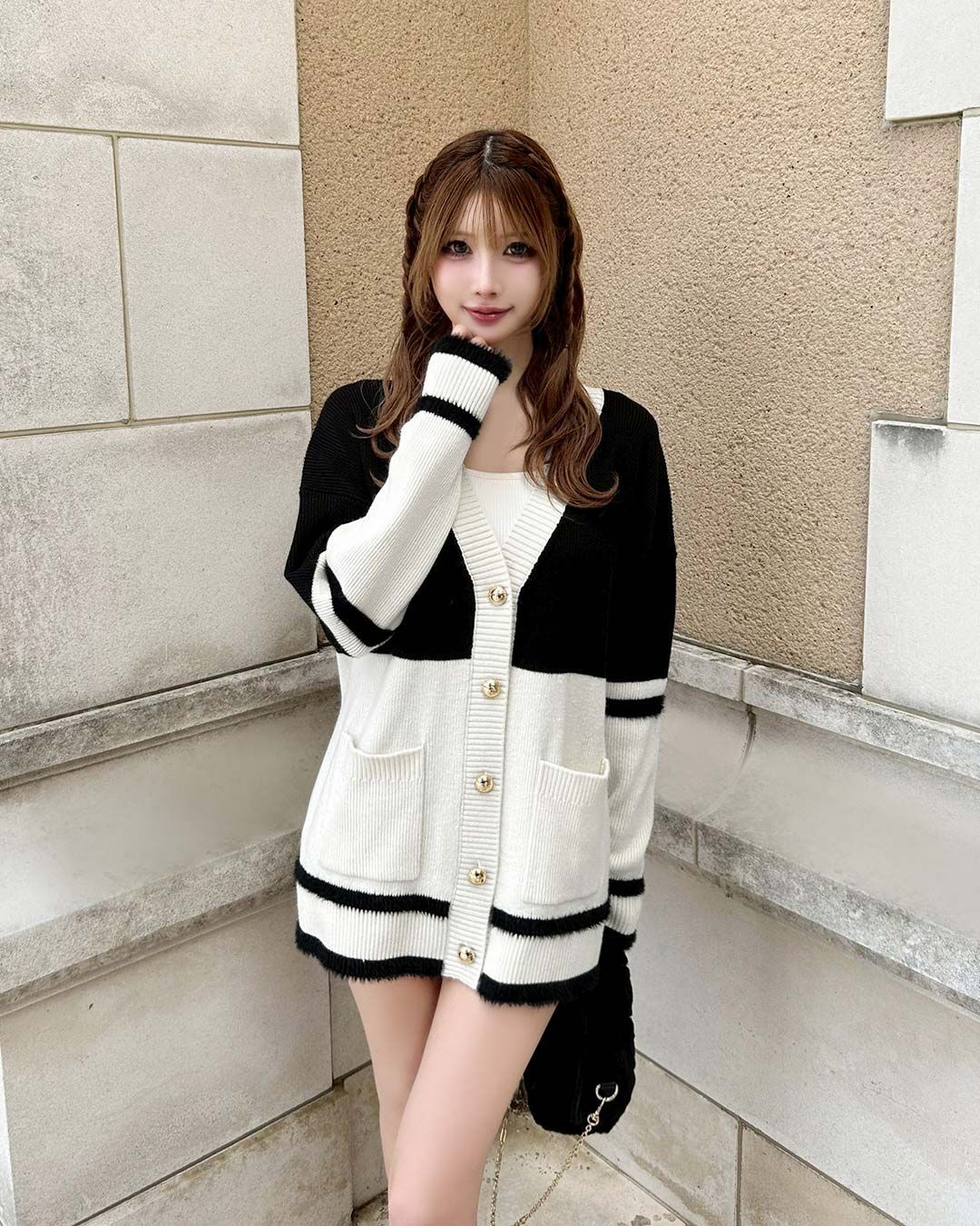 バイカラーシャギーラインカーディガン ブラック | ファッション通販