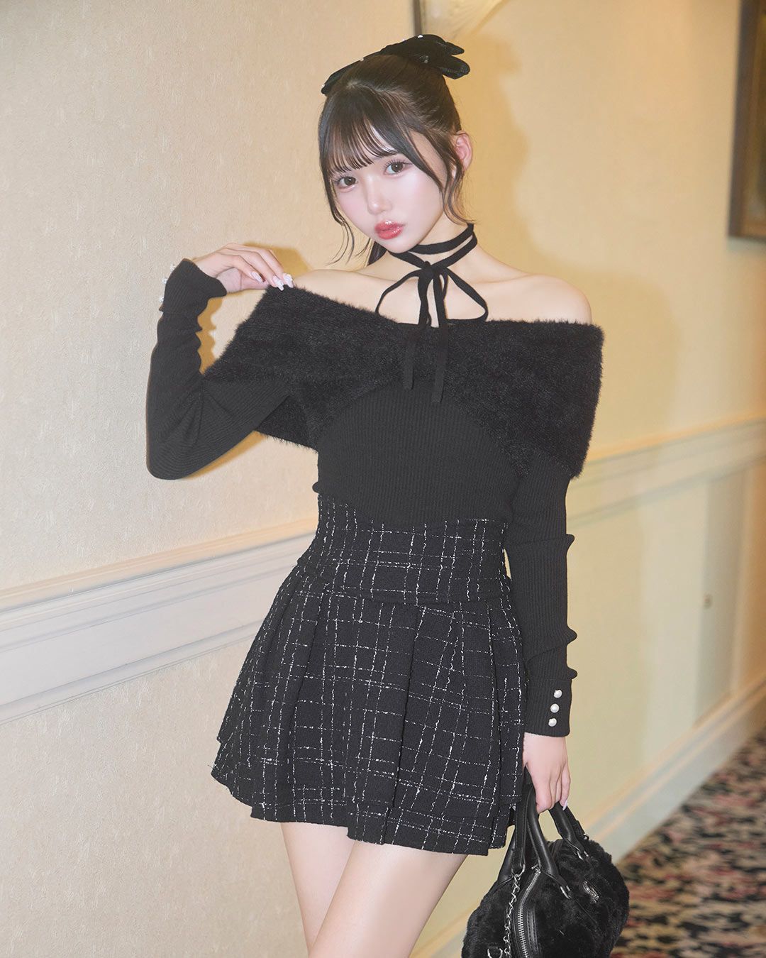 美脚 ミシェルマカロンツイードスカート 黒 インナーパンツ付き 美脚になれる♡ツイードスカート（インナーパンツつき