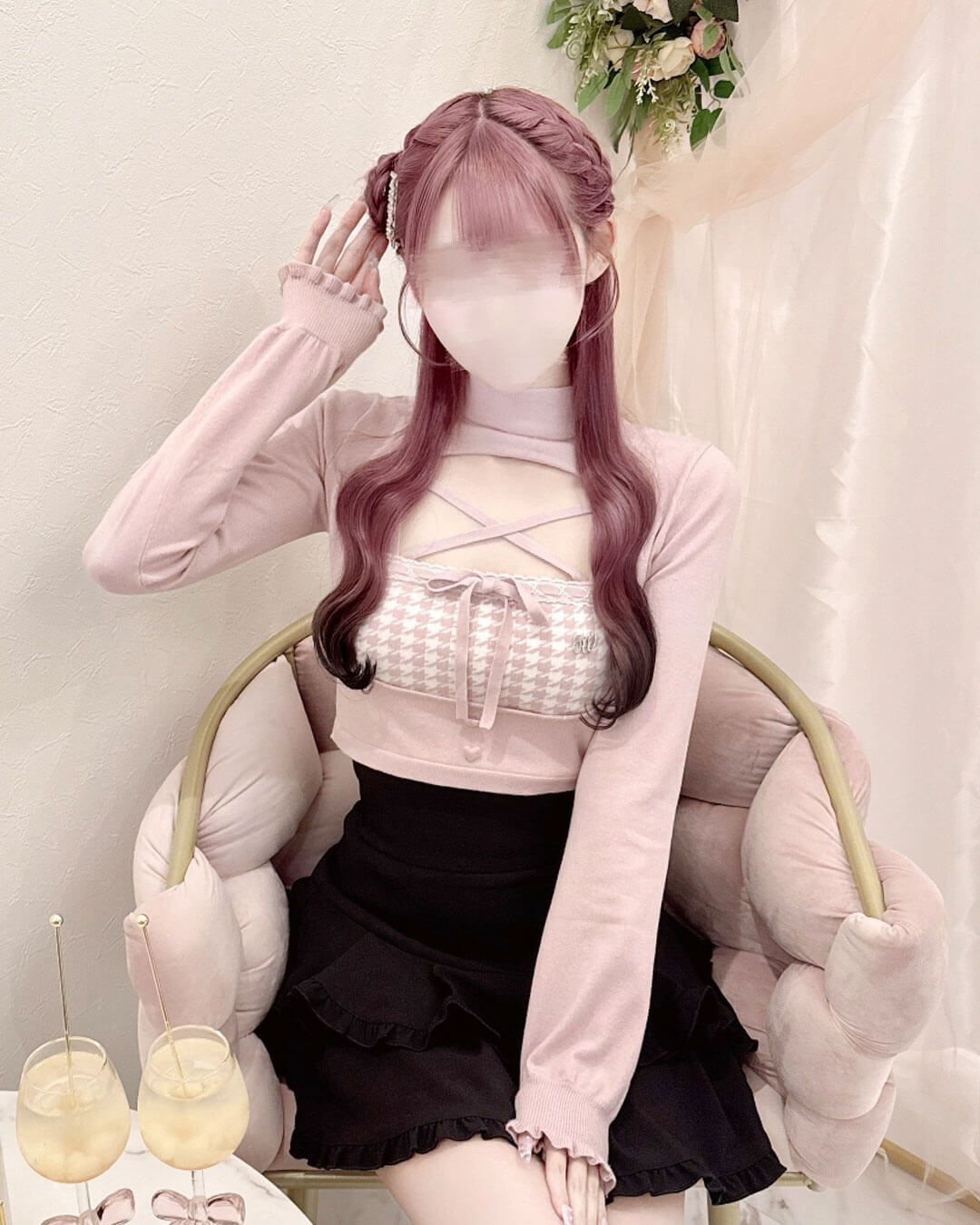 HONEYMEW 千鳥柄ハイネックアンサンブルトップス　ハニーミュウ ミシェマカ 千鳥柄ハイネックアンサンブルトップス ピンク | ファッション