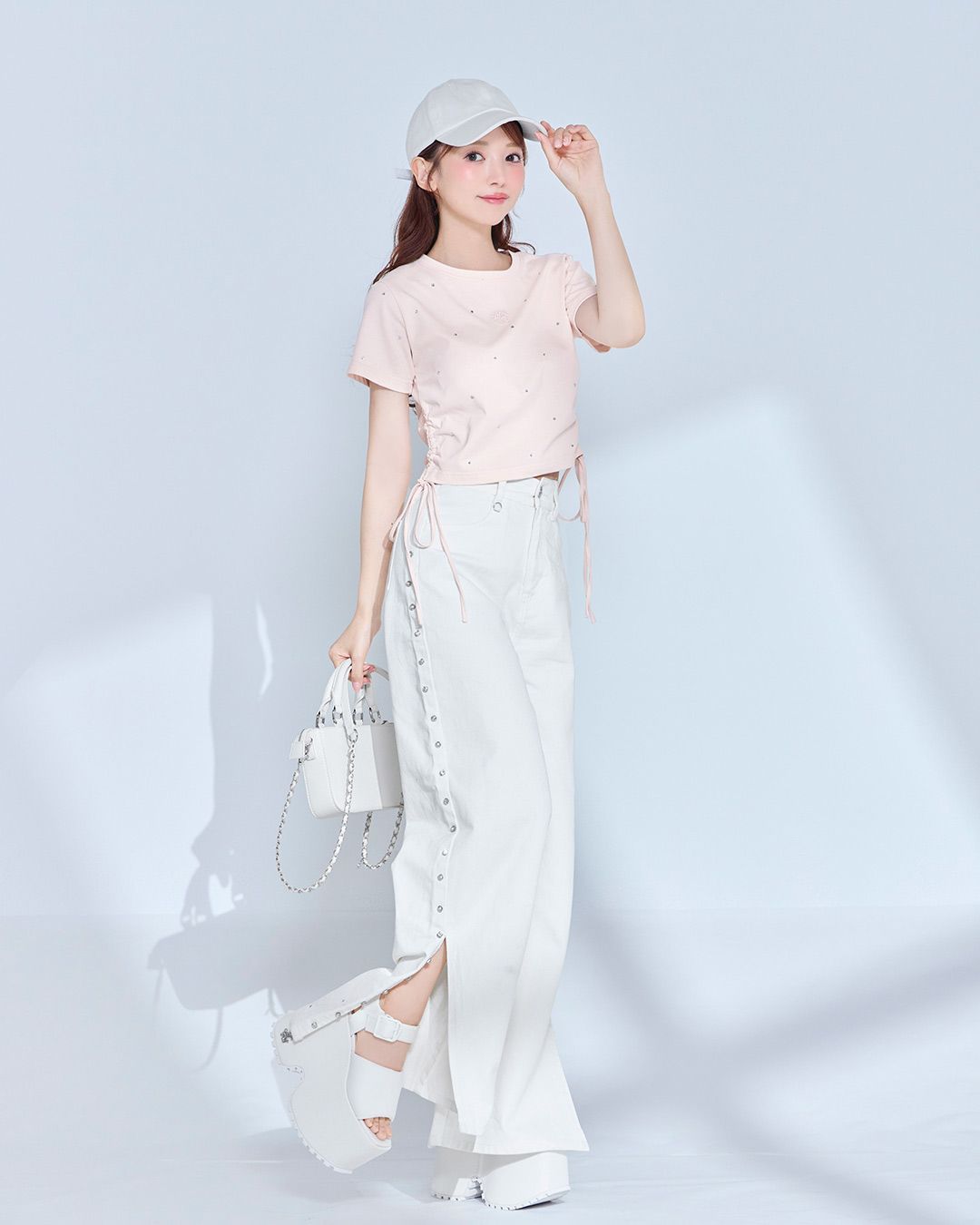 サイドビジューワイドデニムパンツ ホワイト | ファッション通販