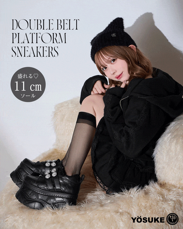 ミシェルマカロン YOSUKE ダブルベルト厚底スニーカー ブラック Mサイズ YOSUKEダブルベルト厚底スニーカー ブラック | ファッション通販