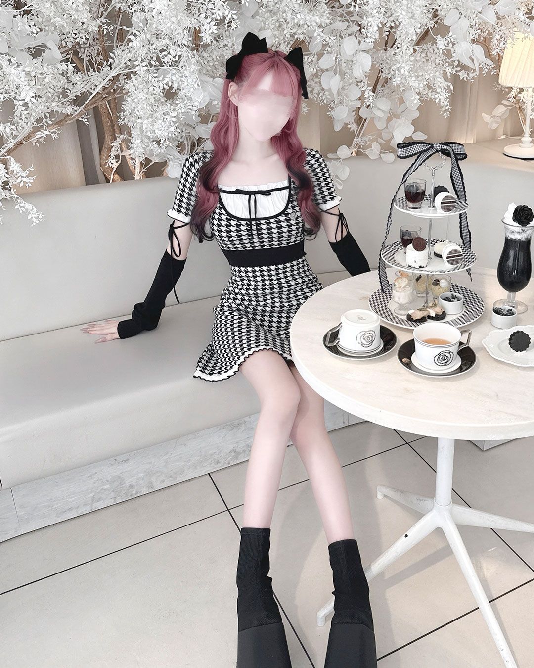 HONEYMEW アームカバー付き千鳥柄ワンピ ピンク アームカバー付きバックリボン千鳥ワンピース ピンク | ファッション