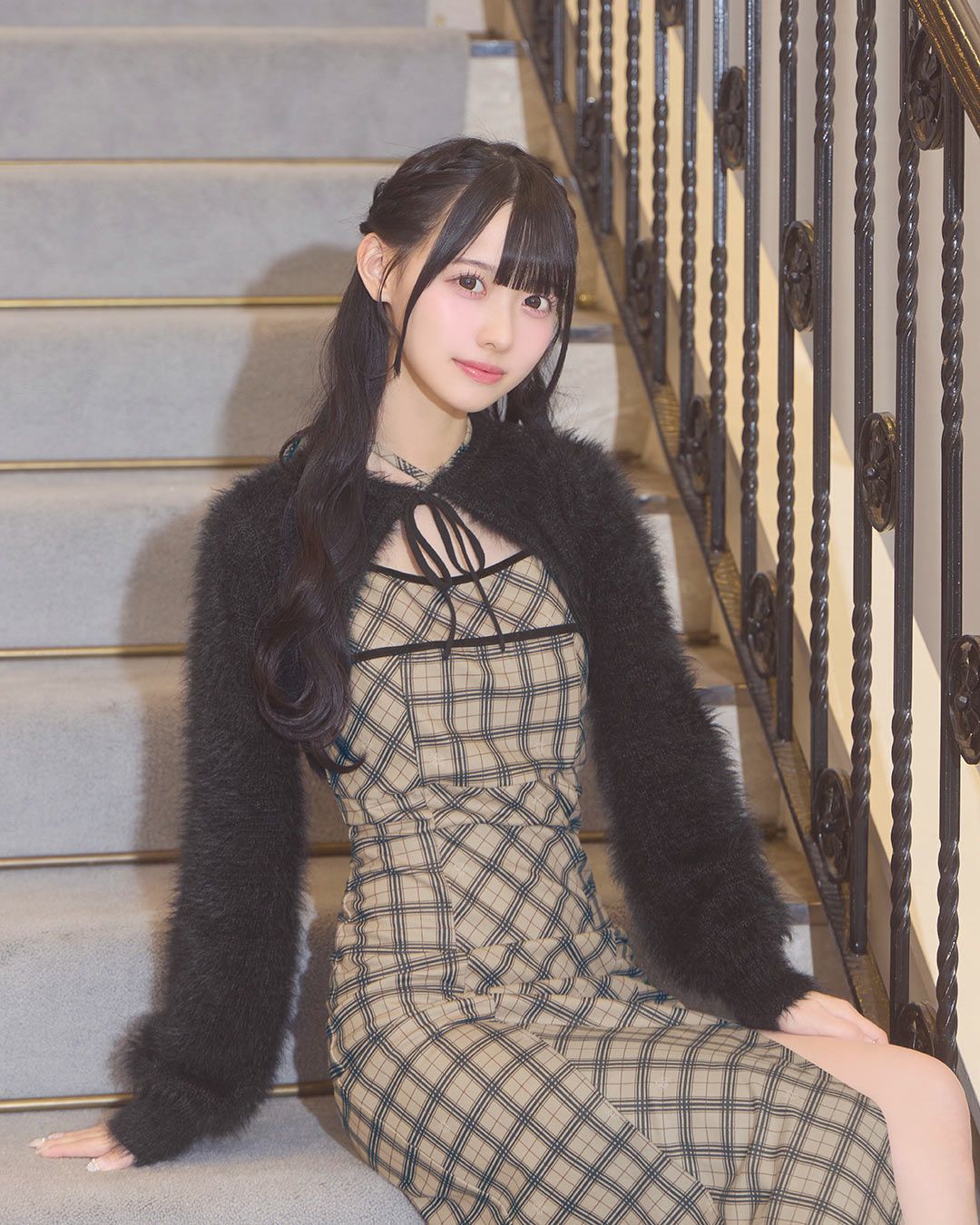 オリジナルチェック柄アンサンブルロングワンピ ベージュ