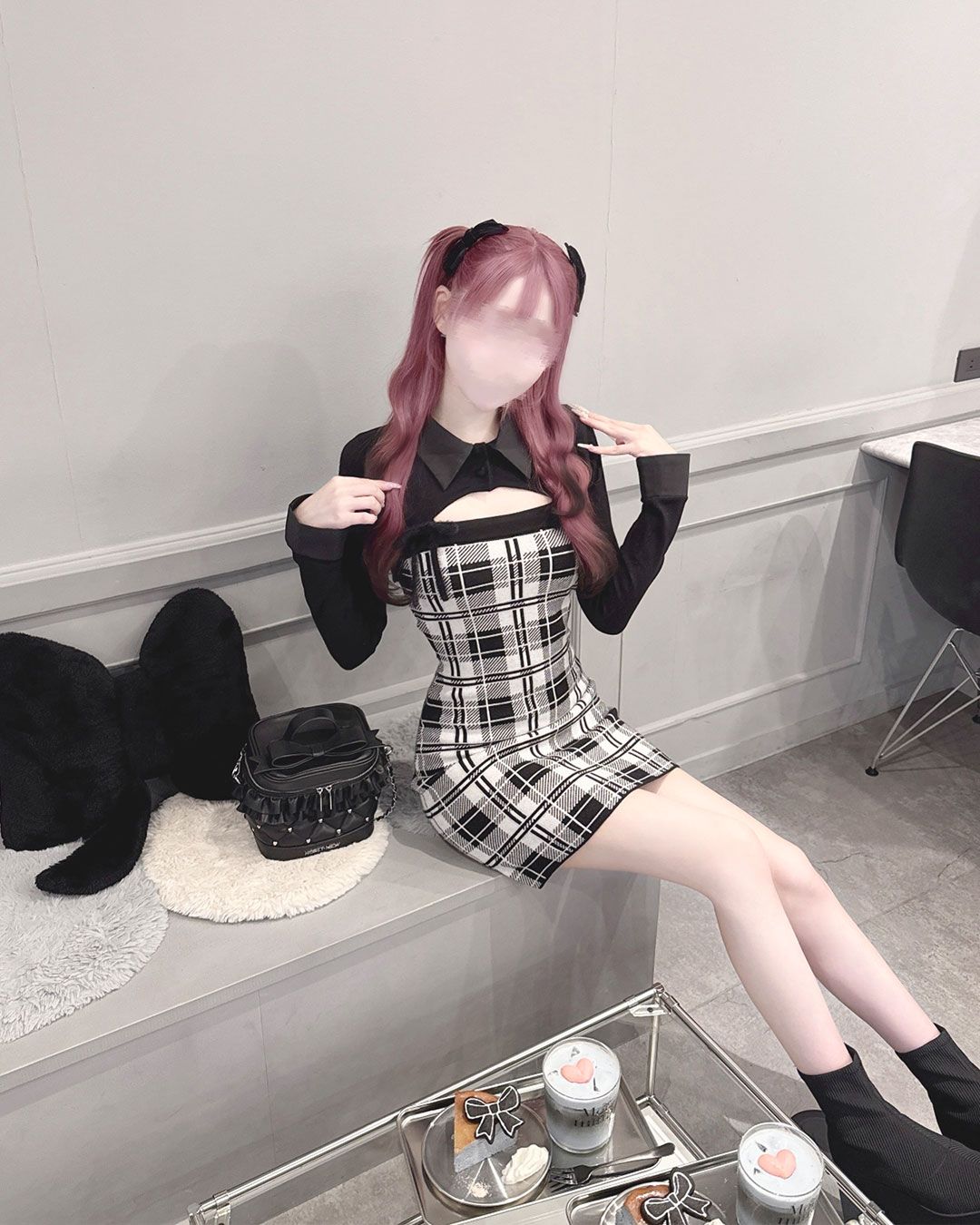 ミシェルマカロン checkアンサンブルワンピース グレー honeymey checkアンサンブルロングスリーブワンピース グレー