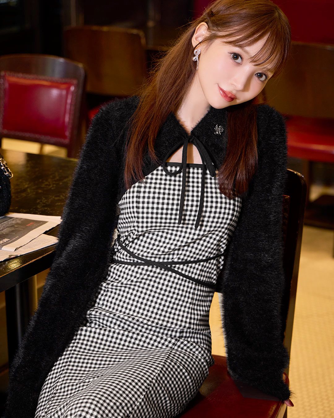 ミシェルマカロン ギンガムチェックワンピース ボレロ セット XS シャギーボレロsetギンガムチェックロングワンピ ブラック