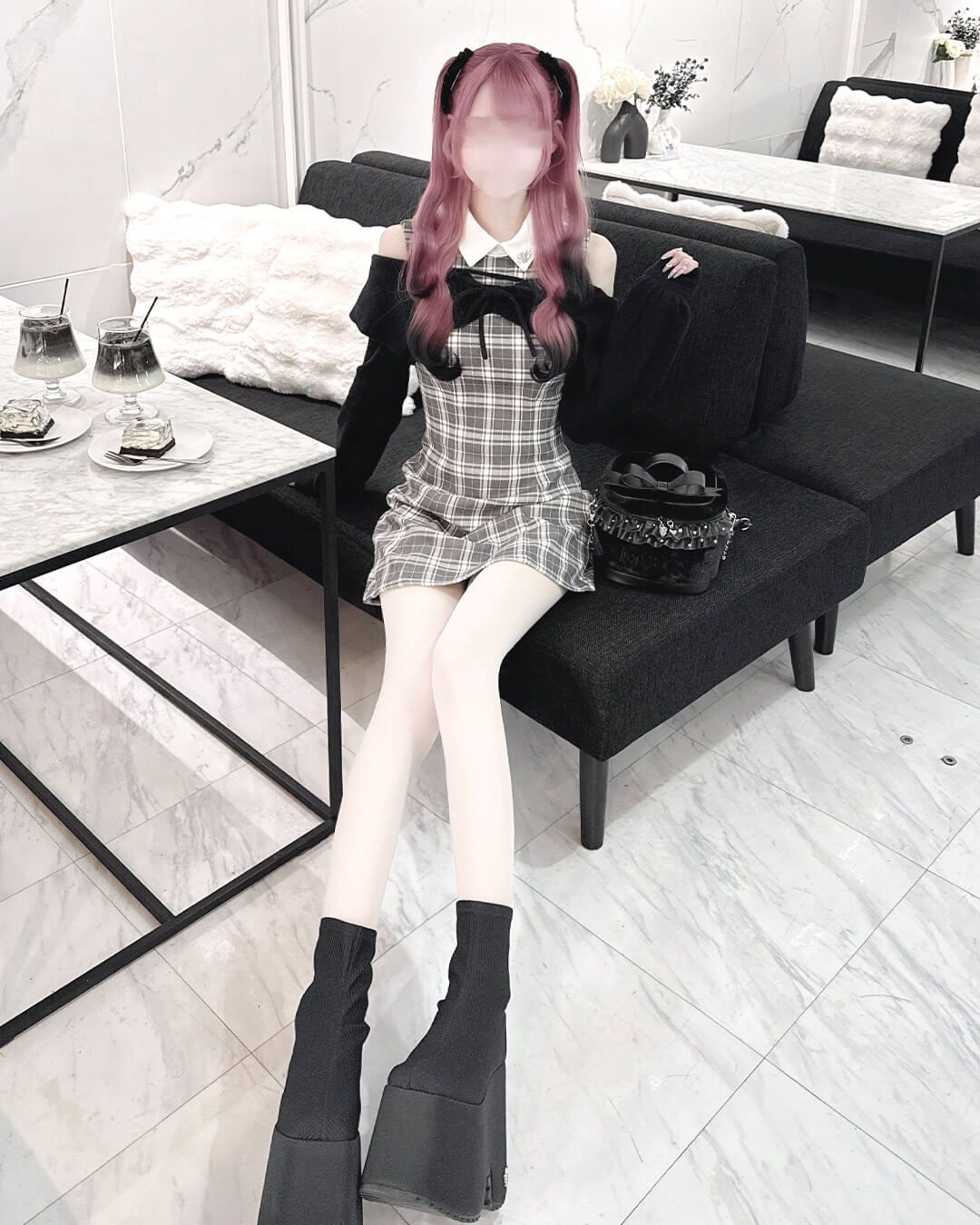 オフショルボレロチェックアンサンブルワンピース ホワイト