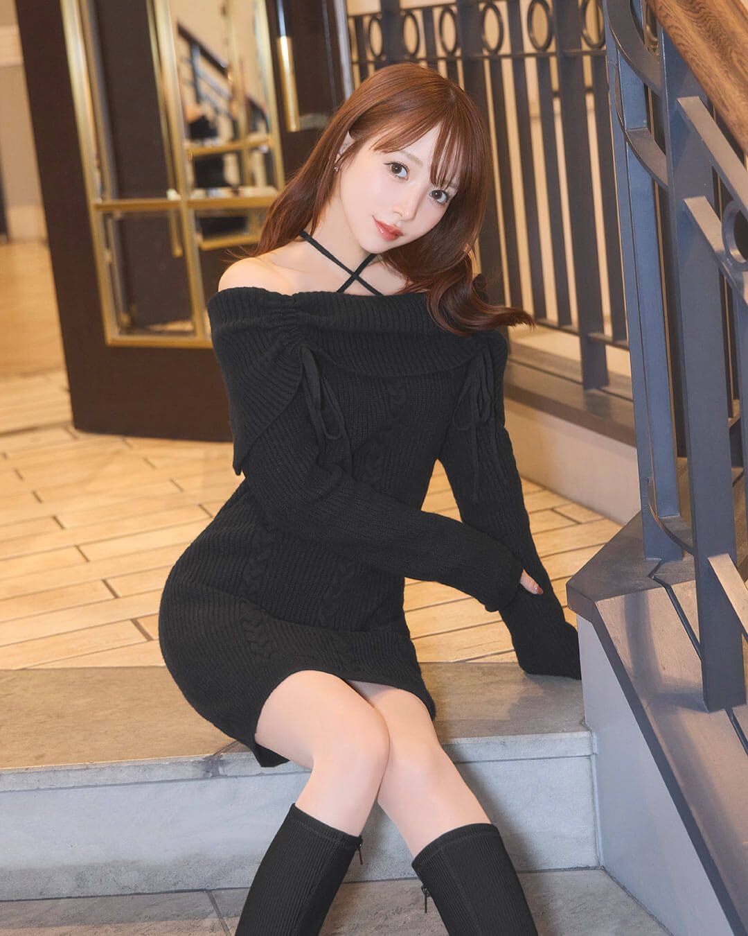 ギャザーオフショルニットワンピース ブラック | ファッション通販