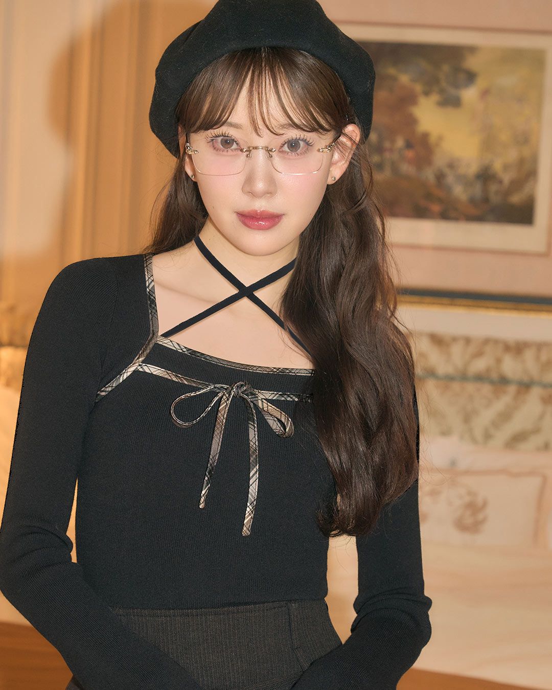 チェックパイピングリボンニットトップス ブラック | ファッション通販