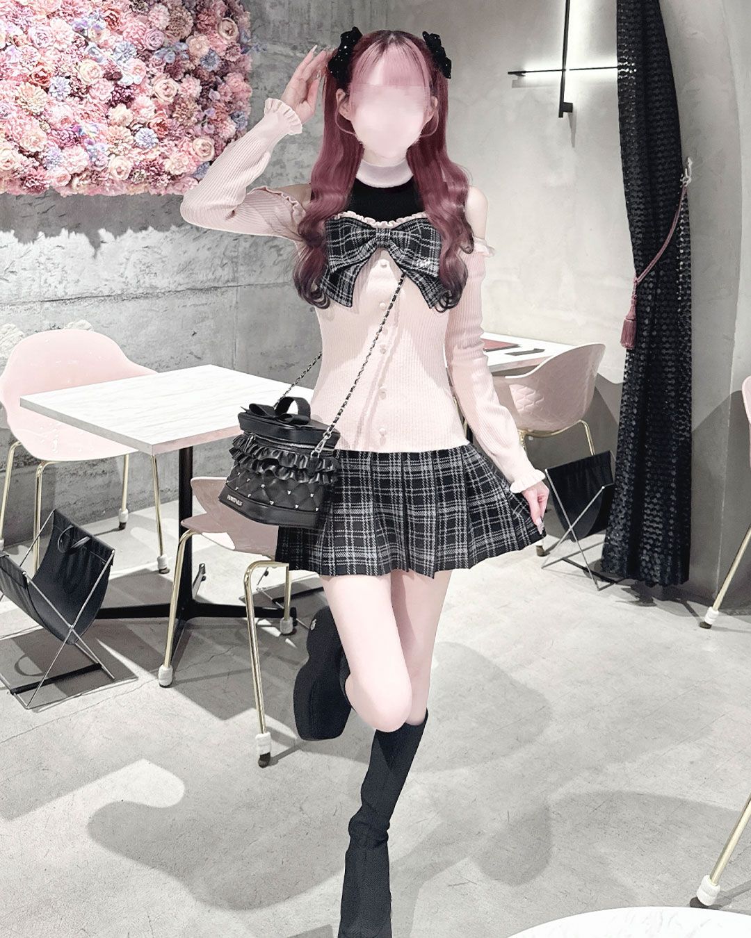 チェックリボン肩空きプリーツワンピース ブラック | ファッション通販