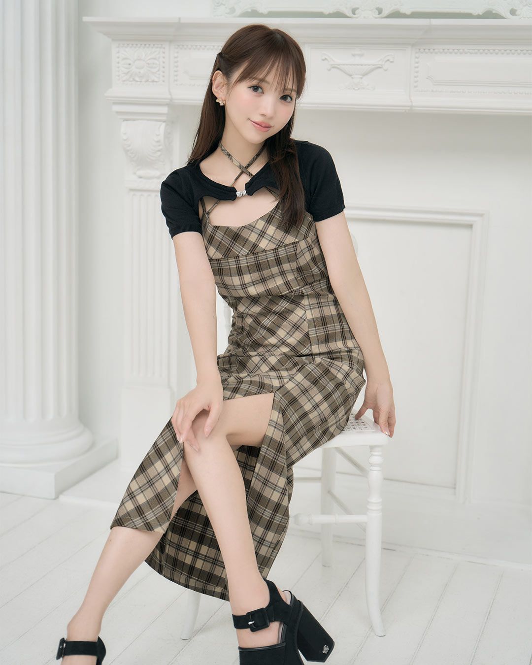 michellMacaron アンサンブルチェックワンピース アンサンブルチェックワンピース ベージュ | ファッション通販