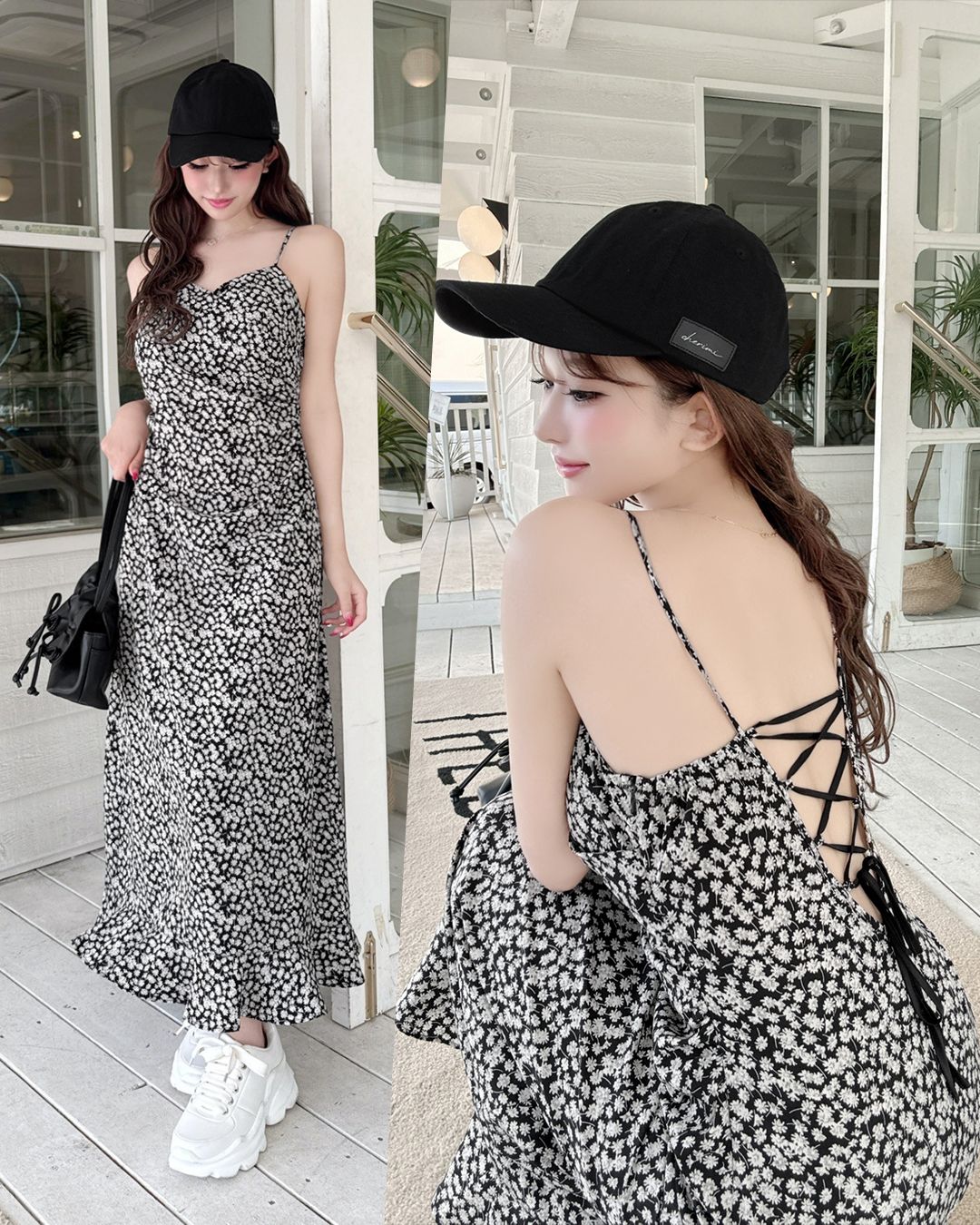 バックレースアップ花柄ワンピース