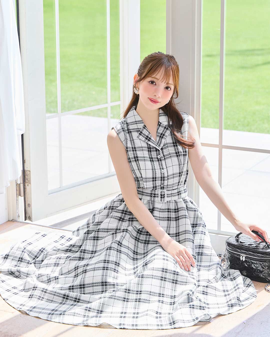 ベルト付きチェックフレアワンピース ブラック | ファッション通販