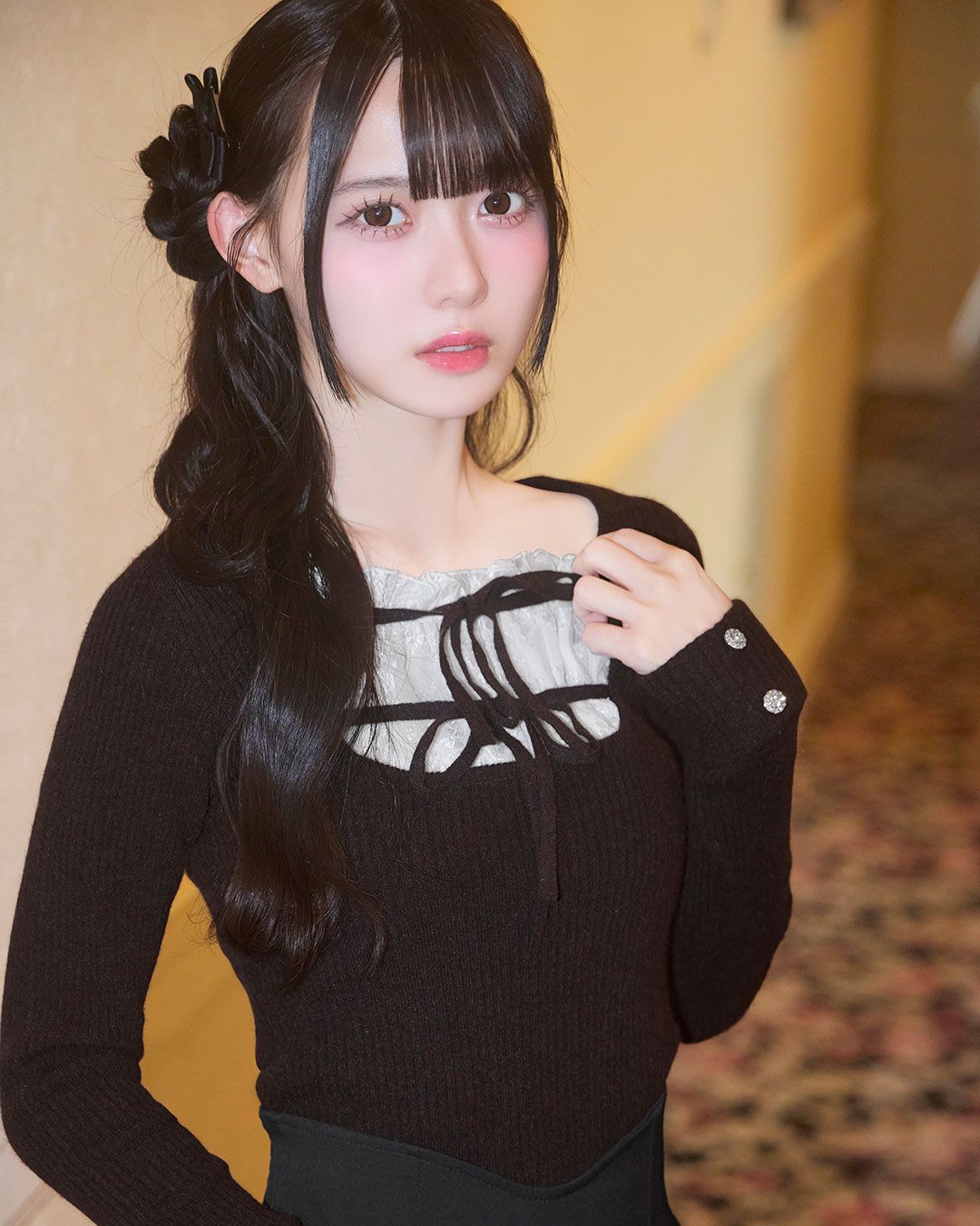 ミシェルマカロン　フリルリボンリブトップス　ブラウン フリルリボンリブトップス ブラウン | ファッション通販