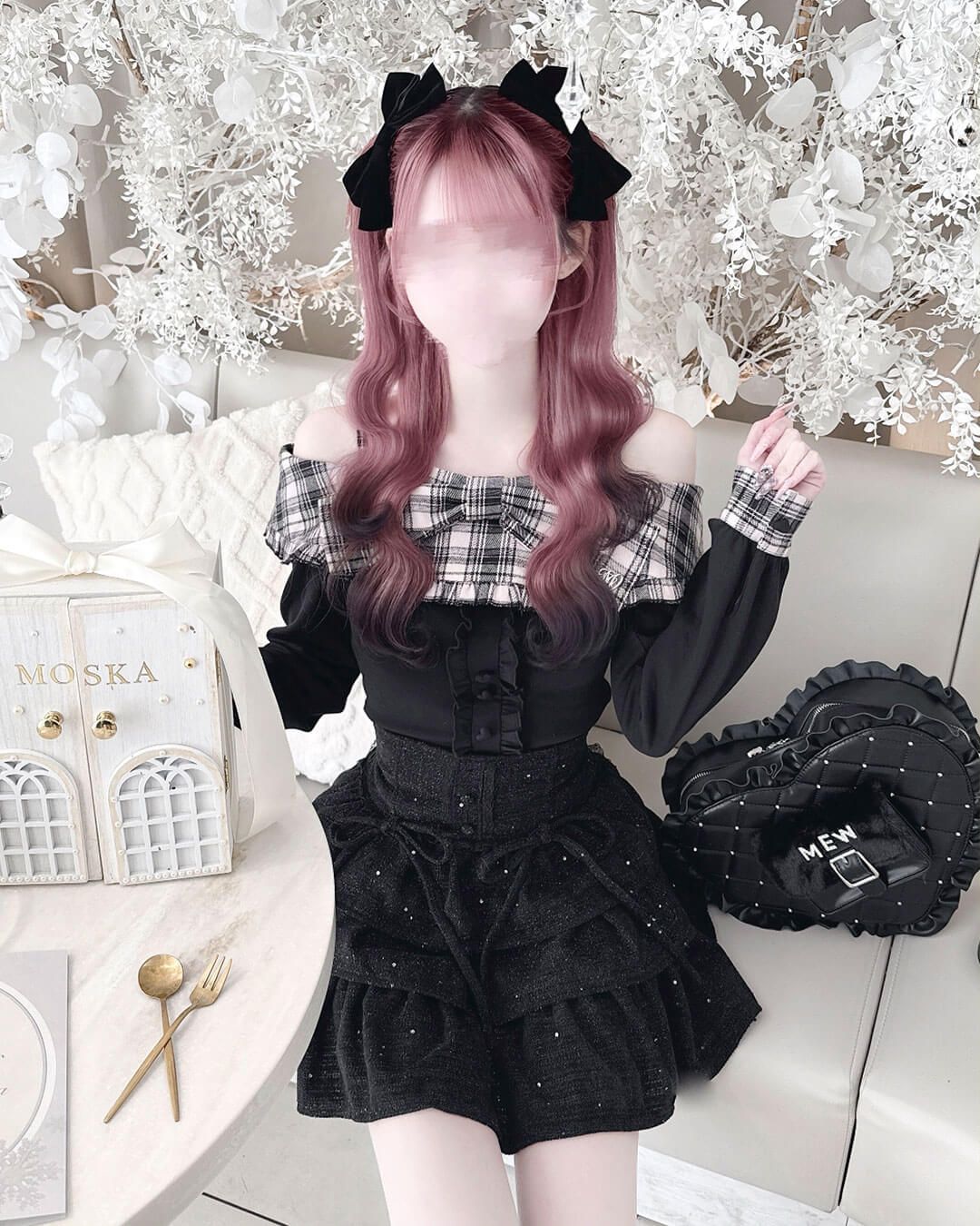 チェックビッグリボンオフショルトップス ブラック | ファッション通販