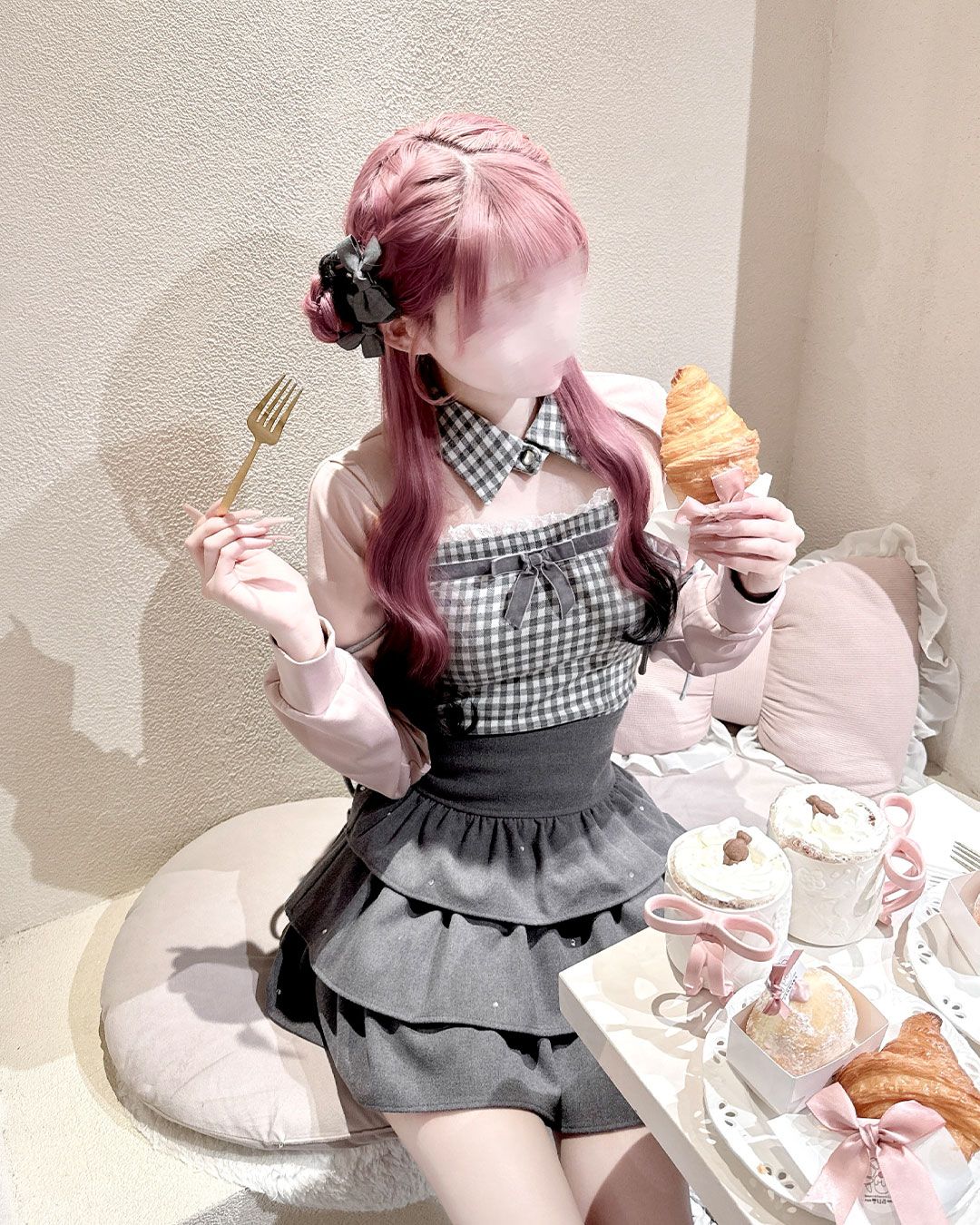 リボンスリットギンガムアンサンブルトップス ブラック | ファッション