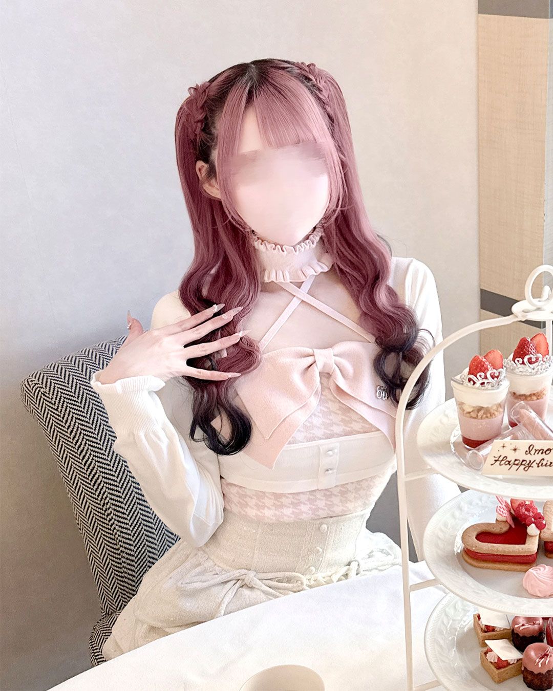 チョーカー付きビッグリボンアンサンブルトップス サックスブルー