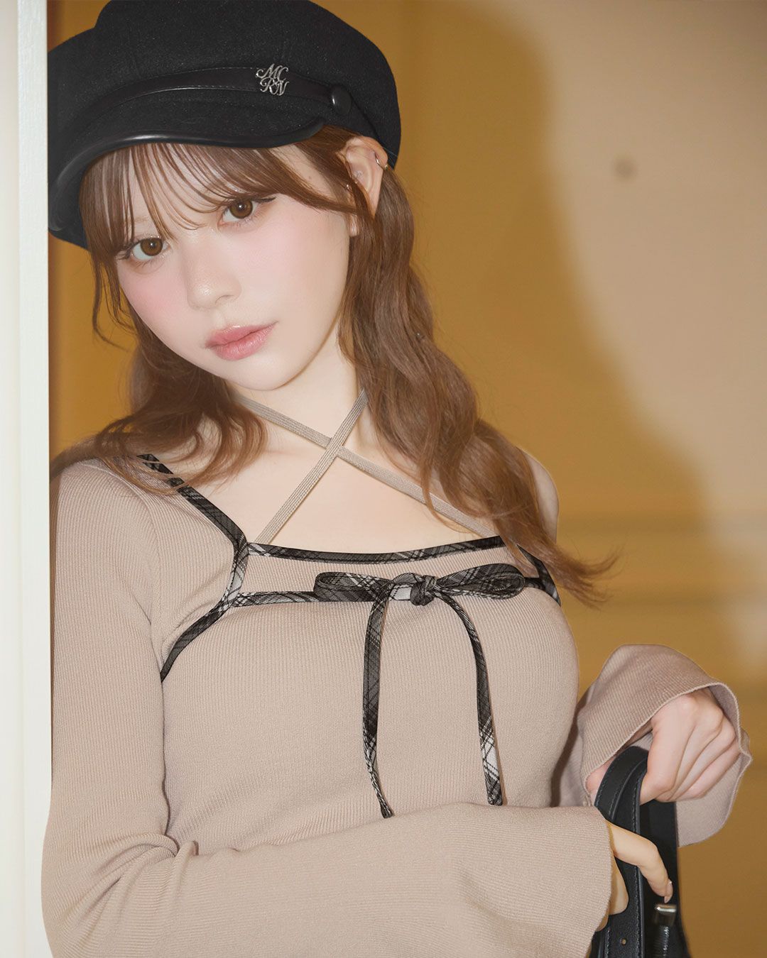 チェックパイピングリボンニットトップス ブラック | ファッション通販