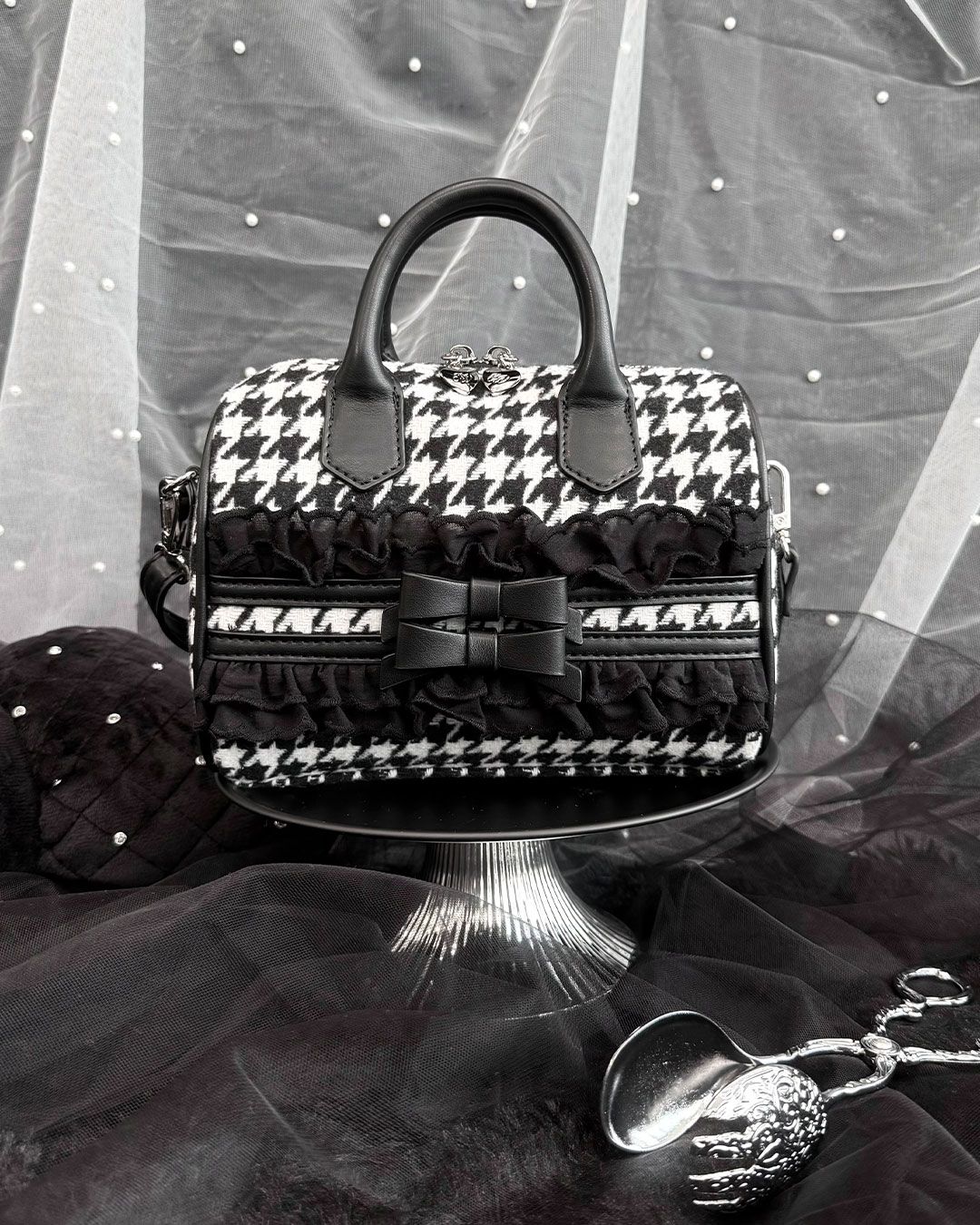 ハニーミュウ　千鳥リボンボストンバッグ　SJS0098M　ブラック ハニーミュウ 千鳥リボンボストンバッグ SJS0098M