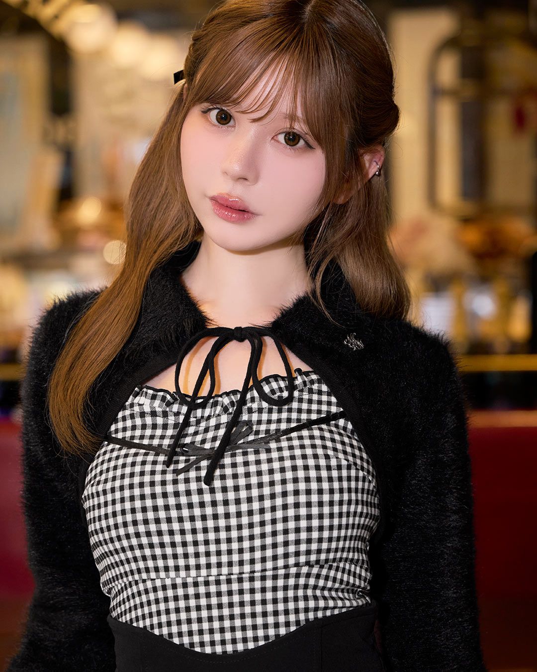 ミシェルマカロン シャギーボレロsetチェックトップス シャギーボレロsetギンガムチェックトップス ブラック | ファッション