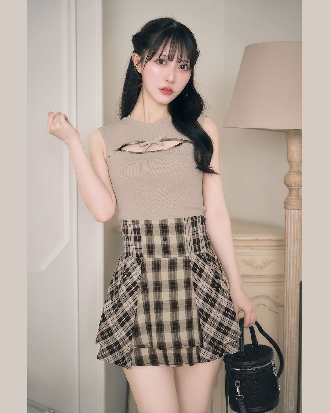 フリルチェックミニスカート ブラウン×ベージュ | ファッション