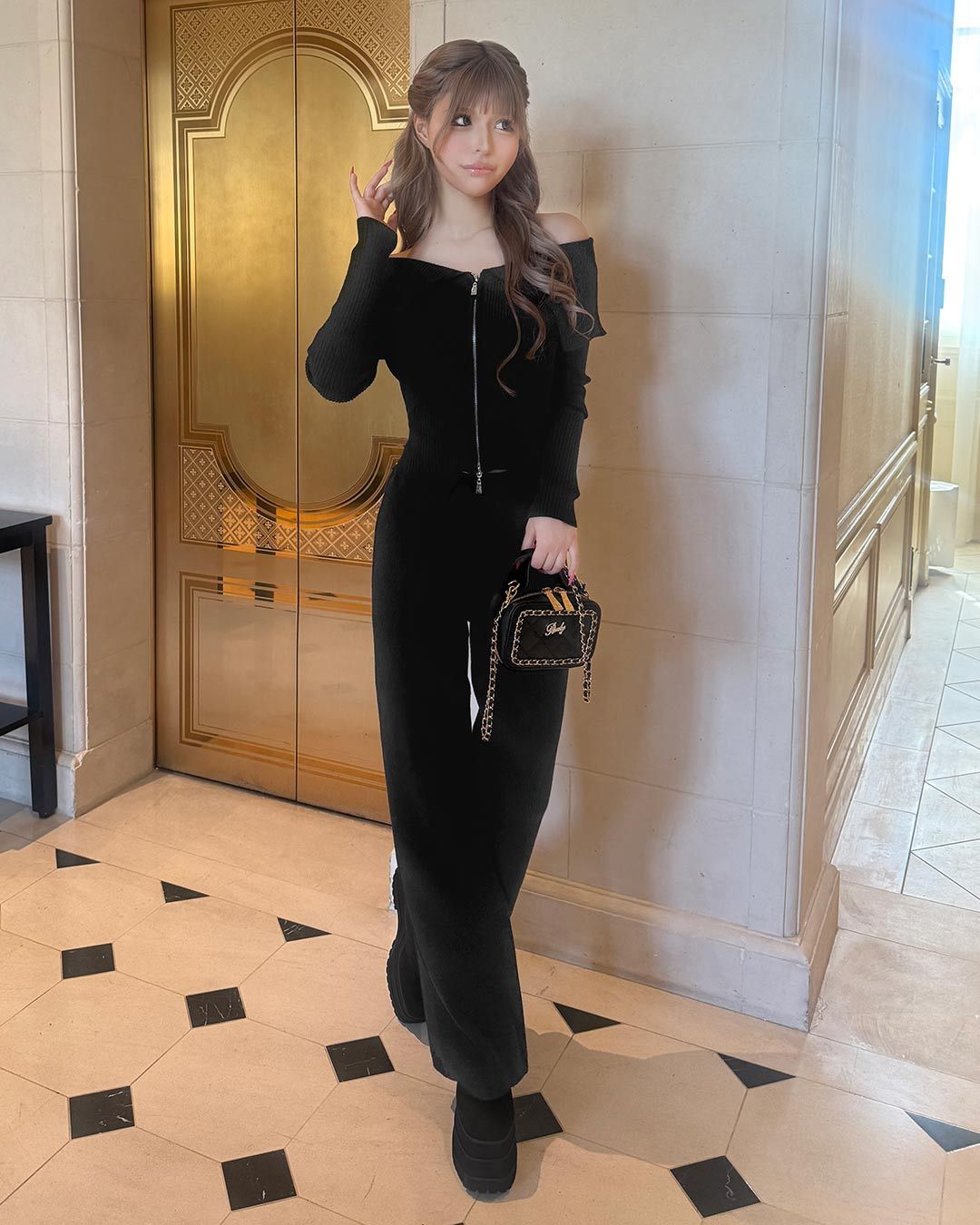 リブニットセットアップ ブラック | ファッション通販＆メディア