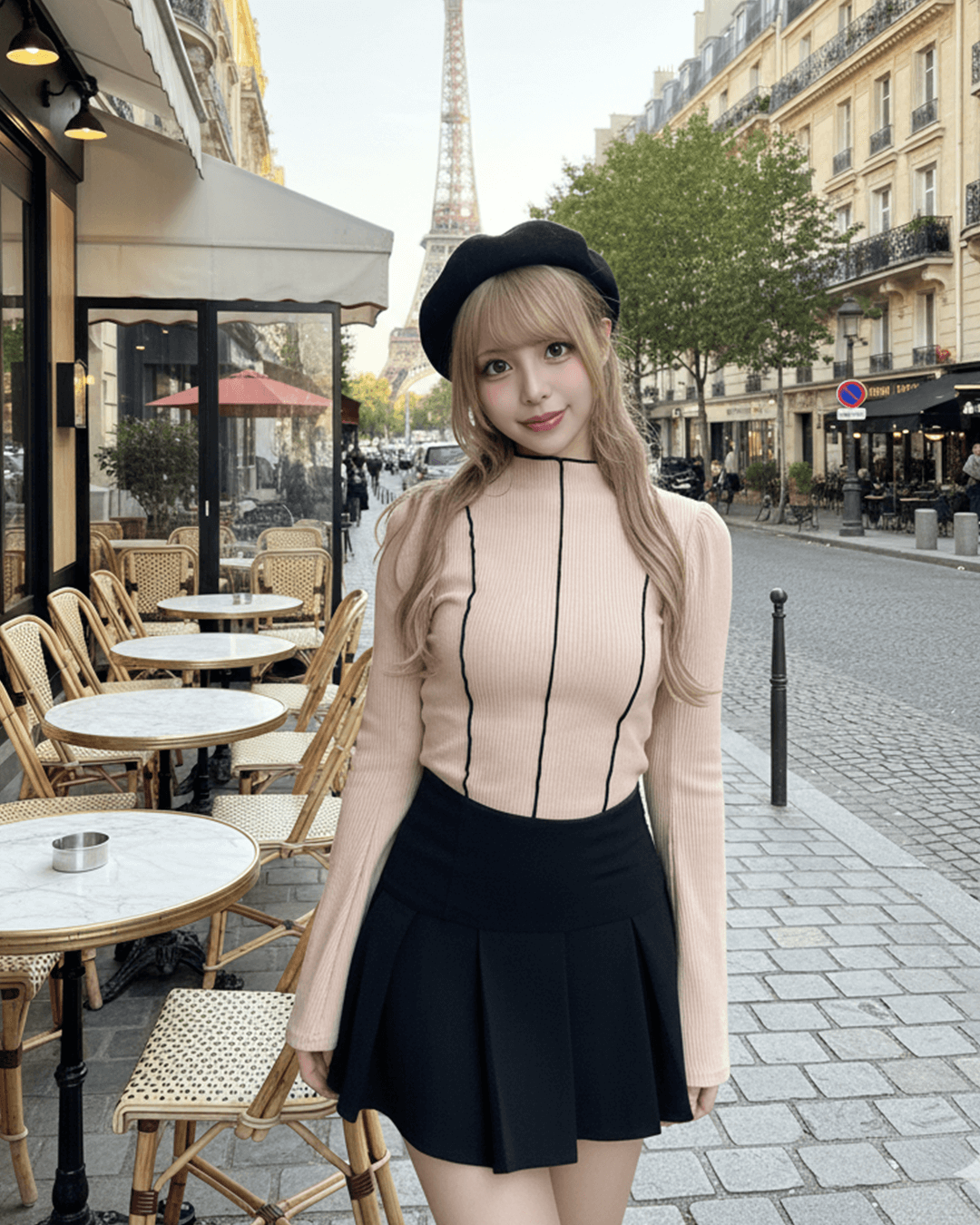 バイカラーリブトップス