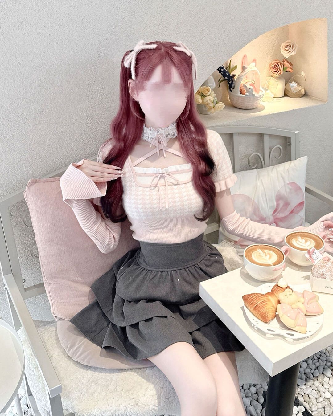 レースチョーカー付き千鳥柄トップス ブラック | ファッション通販