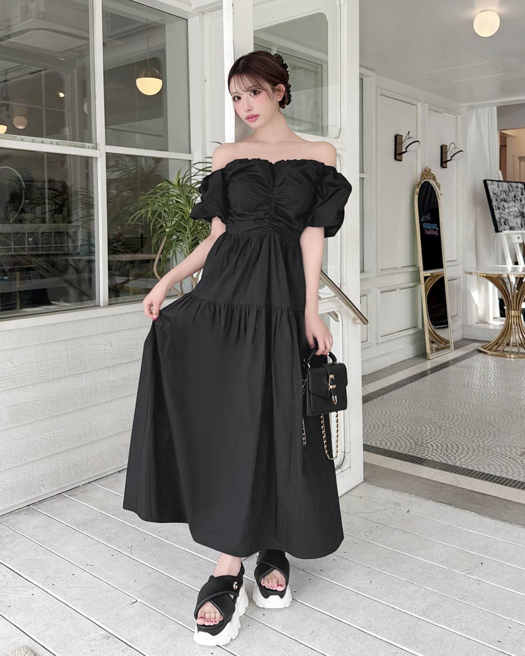 ギャザーオフショルマキシワンピース