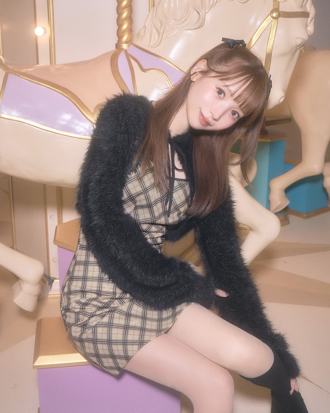 オリジナルチェック柄アンサンブルミニワンピース ベージュ