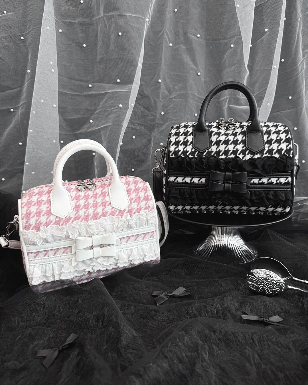 千鳥リボンボストンバッグ ブラック×ブラック | ファッション通販