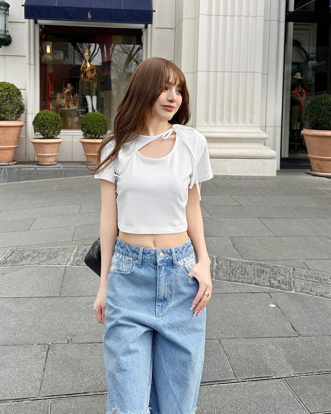 SOLNI アシメリボンネックTシャツ アシメリボンネックTシャツ ブラック | ファッション通販