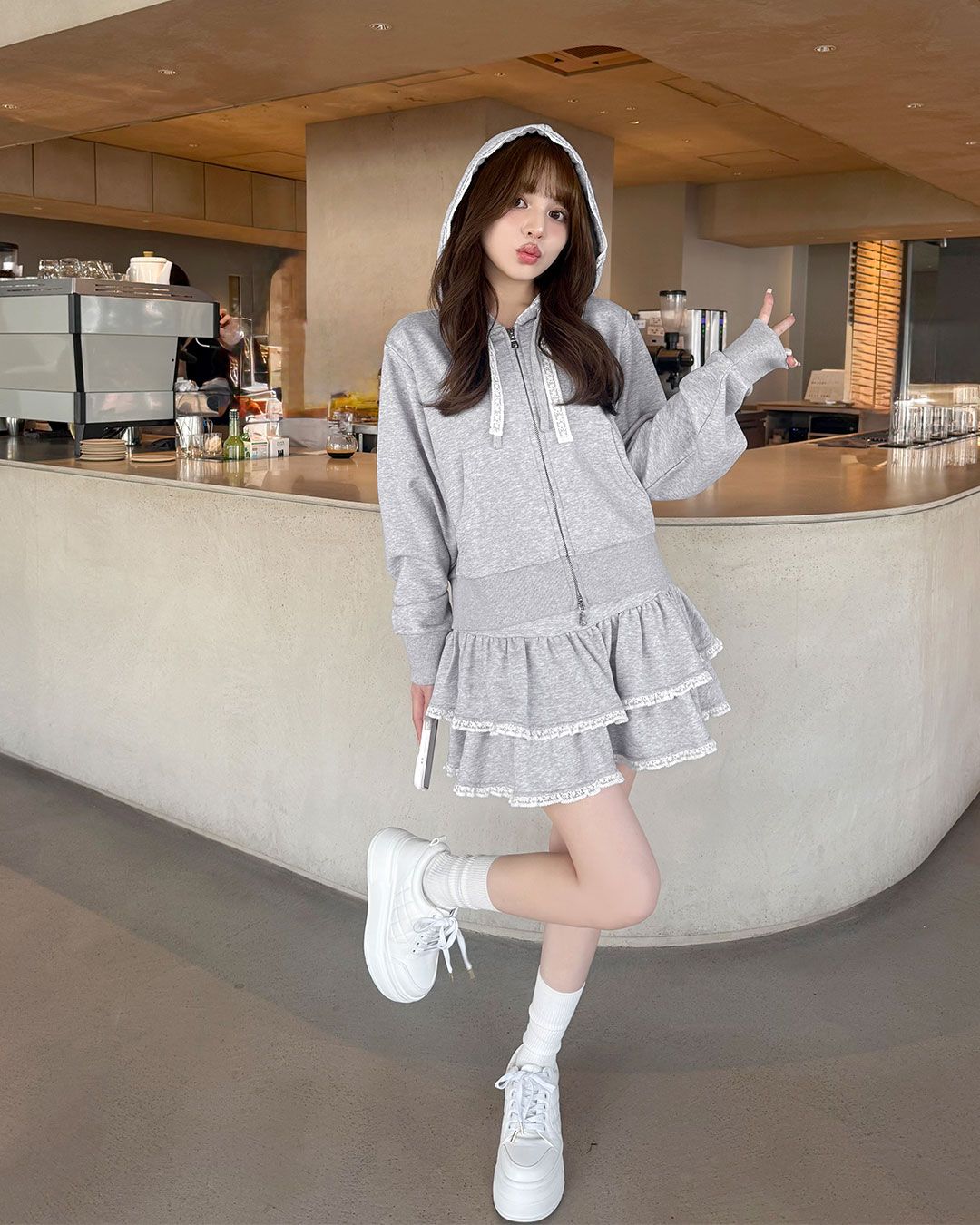 レースリボンフーディセットアップ グレー | ファッション通販