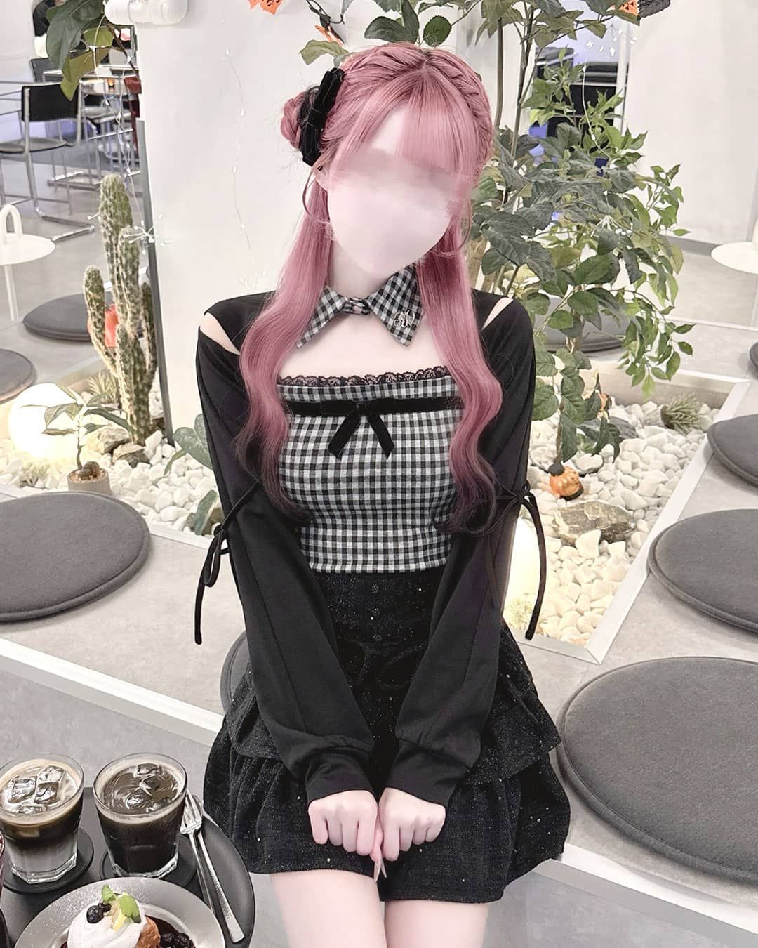 リボンスリットギンガムアンサンブルトップス ブラック | ファッション