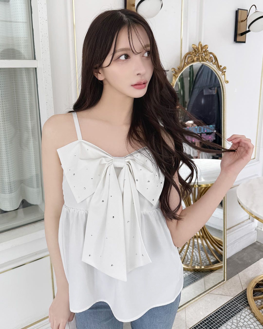 CHANEL ホワイトリボンキャミソール リボンキャミソールジップセットアップミニドレス/キャバドレス