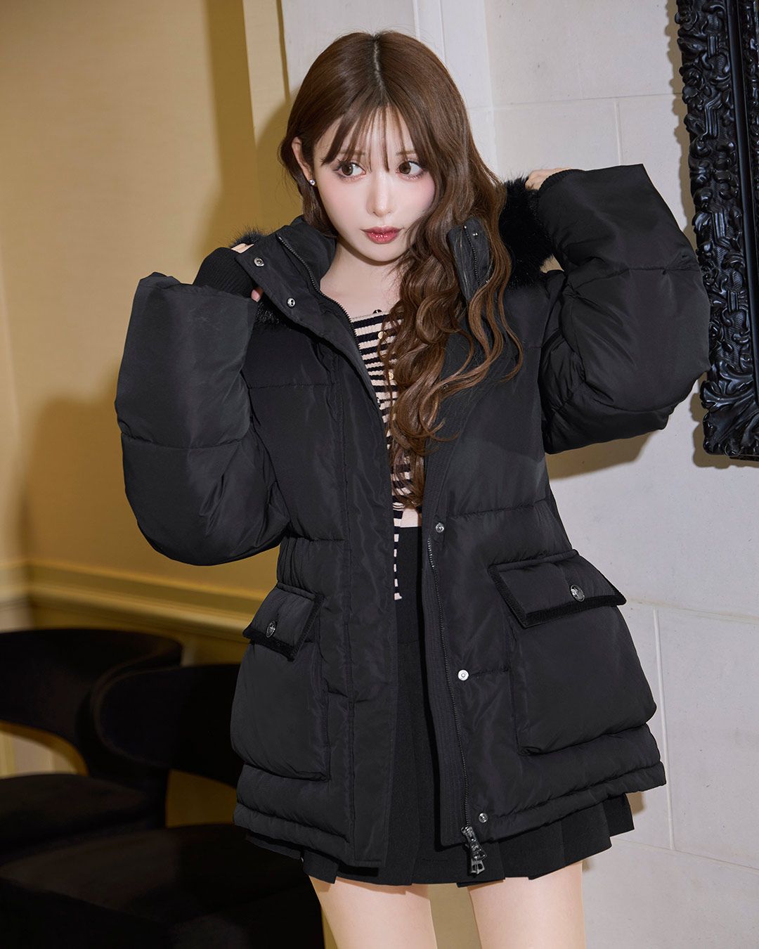 Rady★ ファーフーディファイバーダウンコート ファーフーディファイバーダウンコート ブラック | ファッション通販