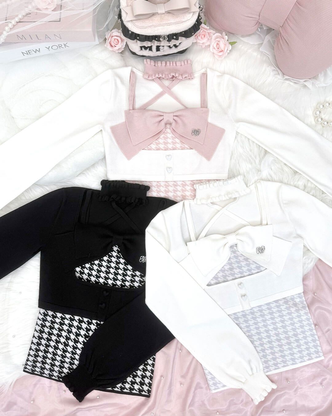 チョーカー付きビッグリボンアンサンブルトップス サックスブルー