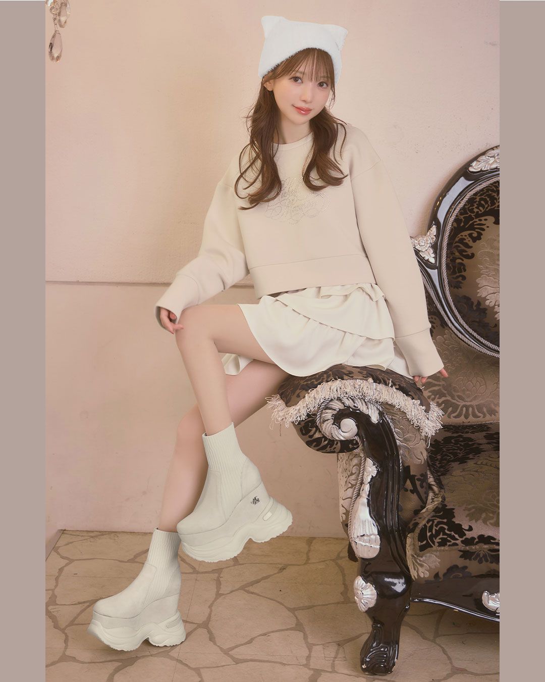 ミシェルマカロン 厚底ブーツ ソックスブーツ XS ソックスライク厚底ブーツ クリーム | ファッション通販＆メディア