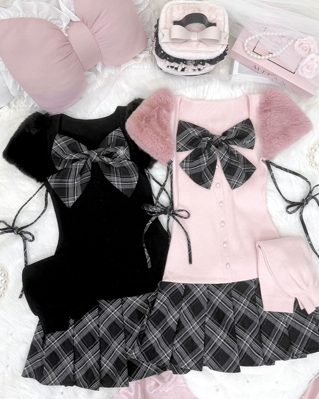 アームカバー付きビッグリボンチェックファーワンピース ブラック