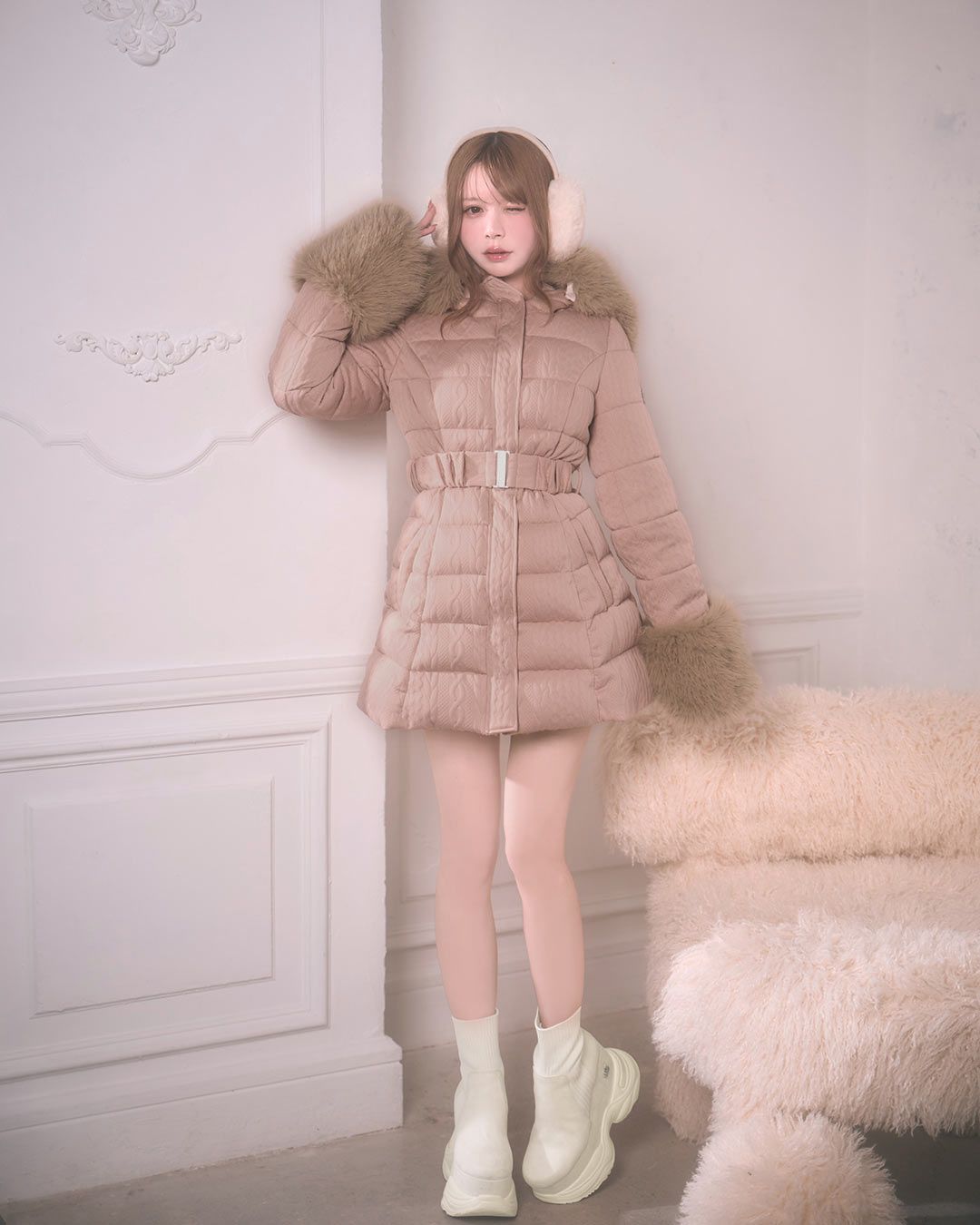 ケーブル柄ベルトダウンコート アイボリー | ファッション通販