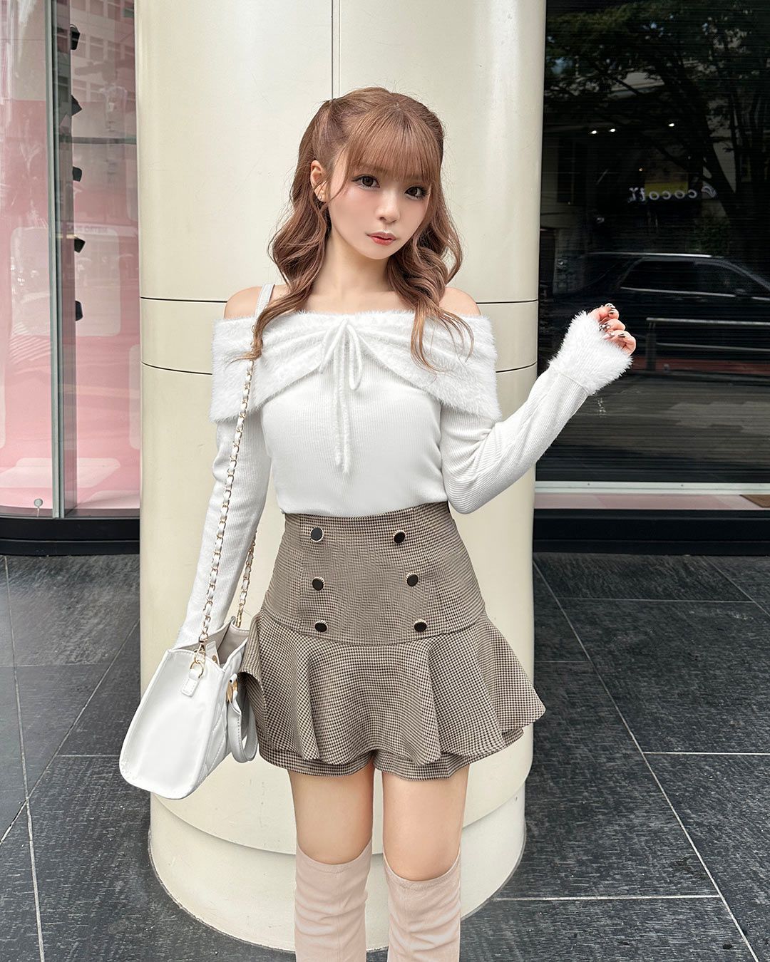 オフショルリボンシャギーニットトップス ホワイト | ファッション通販