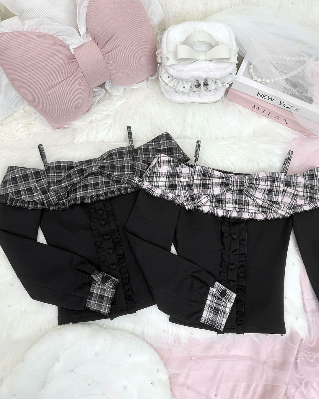 チェックビッグリボンオフショルトップス ブラック | ファッション通販