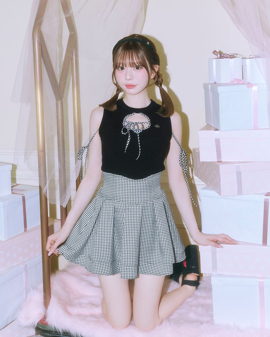 美脚ギンガムチェックスカート（インナーパンツ付き） ブラック