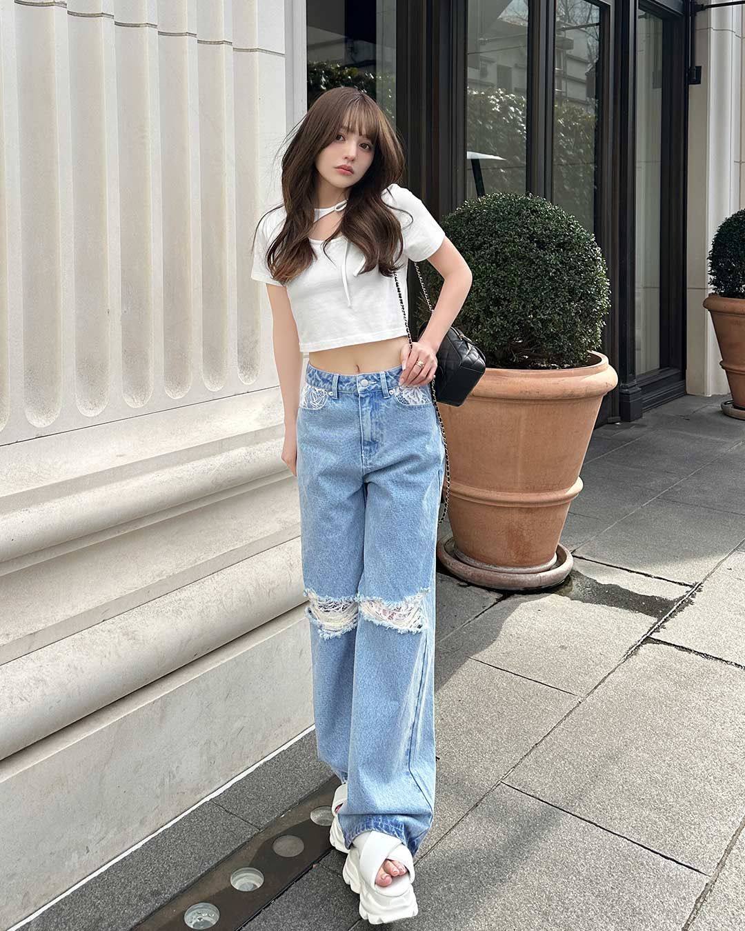 アシメリボンネックTシャツ ブラック | ファッション通販